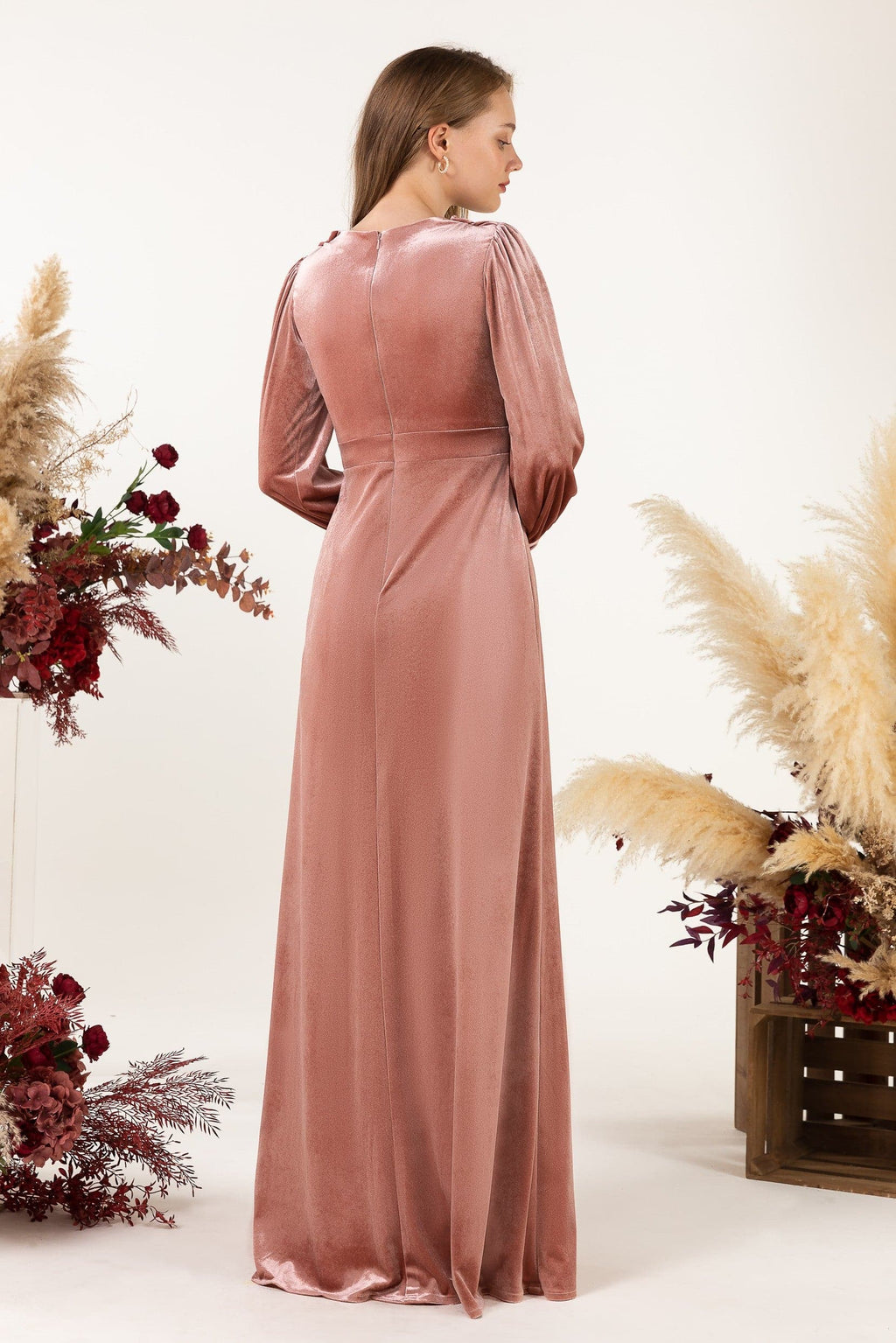 Vestido de dama de honor de terciopelo hasta el suelo SCB5