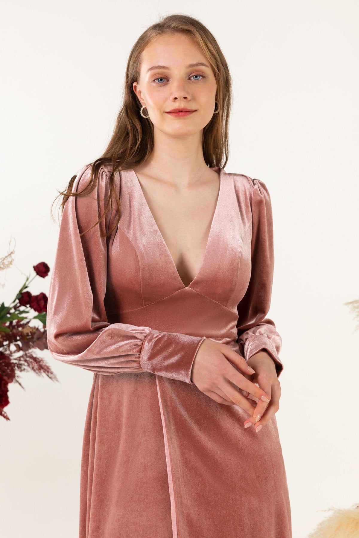Vestido de dama de honor de terciopelo hasta el suelo SCB5