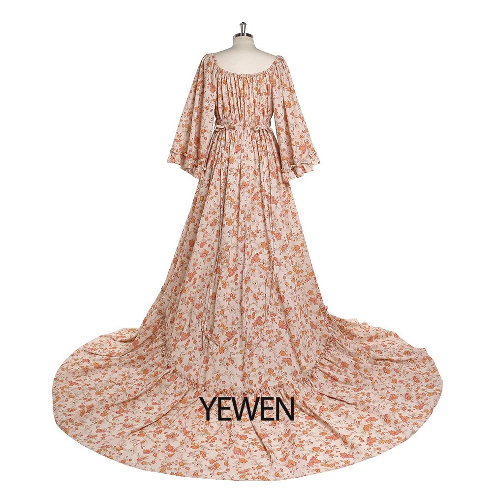 Floral Boho Strectch Neck Photography Dresses with Flare Long Sleeves Baby Shower Dress for Pregnant Woman vestidos SY2025-3