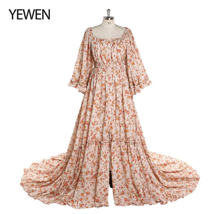 Floral Boho Strectch Neck Photography Dresses with Flare Long Sleeves Baby Shower Dress for Pregnant Woman vestidos SY2025-3