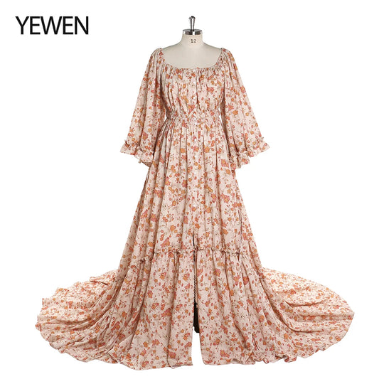 Floral Boho Strectch Neck Photography Dresses with Flare Long Sleeves Baby Shower Dress for Pregnant Woman vestidos SY2025-3