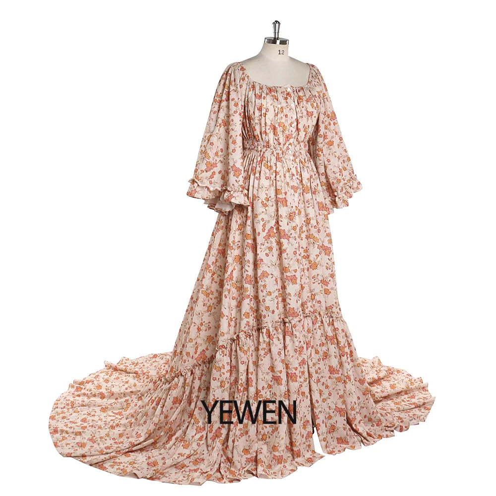Floral Boho Strectch Neck Photography Dresses with Flare Long Sleeves Baby Shower Dress for Pregnant Woman vestidos SY2025-3