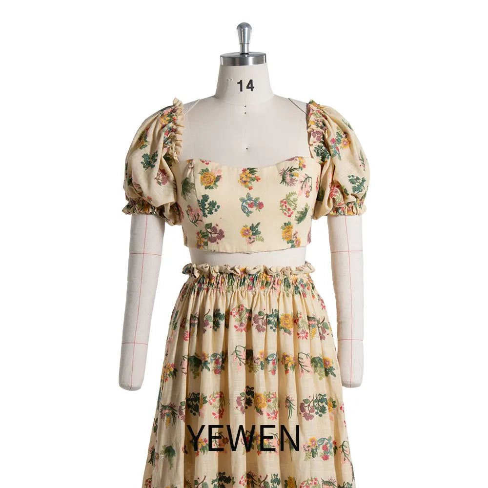 Floral Print Two Piece Set Maternity Gown with Puff Sleeves Boho Photo Shoot Dress with Elastic Waist Photography Props SY240078