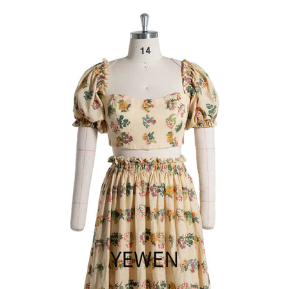 Floral Print Two Piece Set Maternity Gown with Puff Sleeves Boho Photo Shoot Dress with Elastic Waist Photography Props SY240078