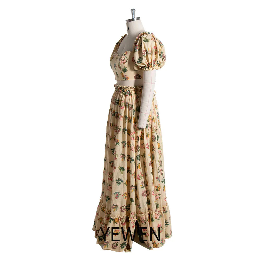 Floral Print Two Piece Set Maternity Gown with Puff Sleeves Boho Photo Shoot Dress with Elastic Waist Photography Props SY240078