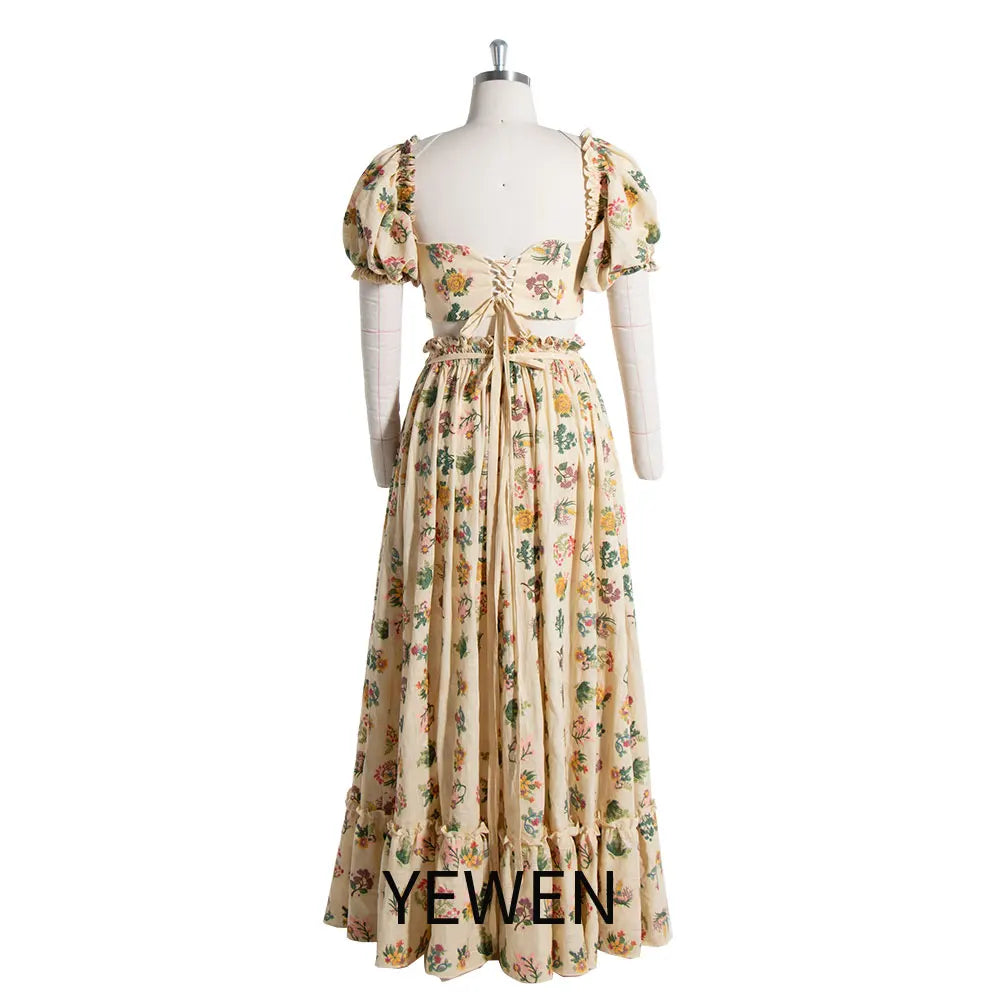 Floral Print Two Piece Set Maternity Gown with Puff Sleeves Boho Photo Shoot Dress with Elastic Waist Photography Props SY240078