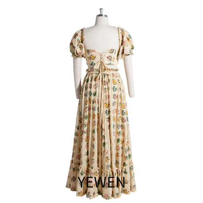 Floral Print Two Piece Set Maternity Gown with Puff Sleeves Boho Photo Shoot Dress with Elastic Waist Photography Props SY240078