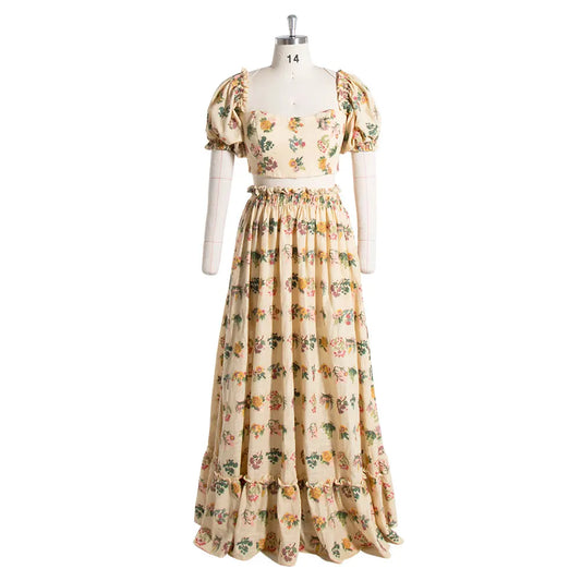 Floral Print Two Piece Set Maternity Gown with Puff Sleeves Boho Photo Shoot Dress with Elastic Waist Photography Props SY240078