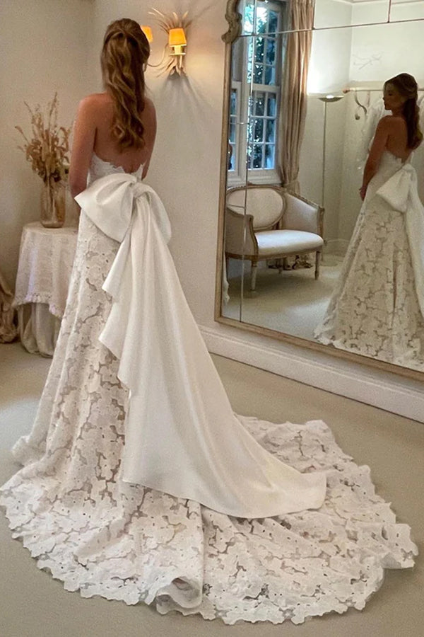 Floral Lace Strapless A Line Boho Ivory Wedding Dress with Satin Bowtie WD634
