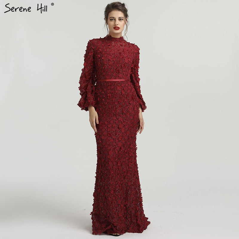 Vestidos de noche de sirena con mangas largas y flores y perlas, moda musulmana, elegante vestido formal, talla grande 2025, LA6293 