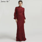 Vestidos de noche de sirena con mangas largas y flores y perlas, moda musulmana, elegante vestido formal, talla grande 2025, LA6293 