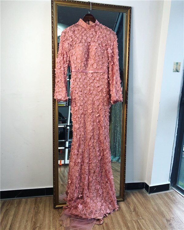 Vestidos de noche de sirena con mangas largas y flores y perlas, moda musulmana, elegante vestido formal, talla grande 2025, LA6293 