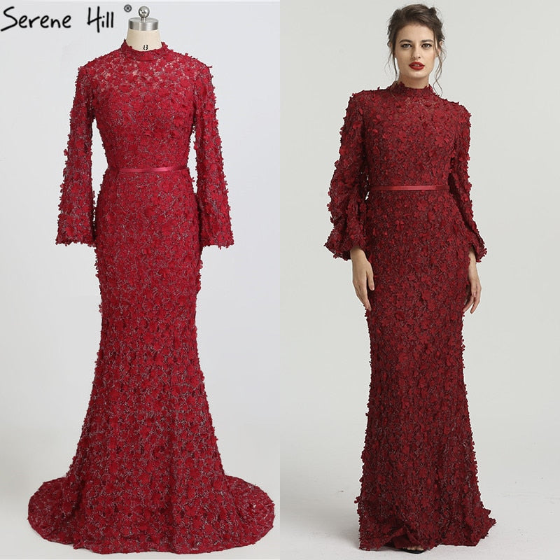Vestidos de noche de sirena con mangas largas y flores y perlas, moda musulmana, elegante vestido formal, talla grande 2025, LA6293 