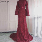 Vestidos de noche de sirena con mangas largas y flores y perlas, moda musulmana, elegante vestido formal, talla grande 2025, LA6293 