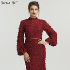 Vestidos de noche de sirena con mangas largas y flores y perlas, moda musulmana, elegante vestido formal, talla grande 2025, LA6293 