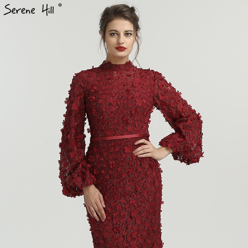 Vestidos de noche de sirena con mangas largas y flores y perlas, moda musulmana, elegante vestido formal, talla grande 2025, LA6293 