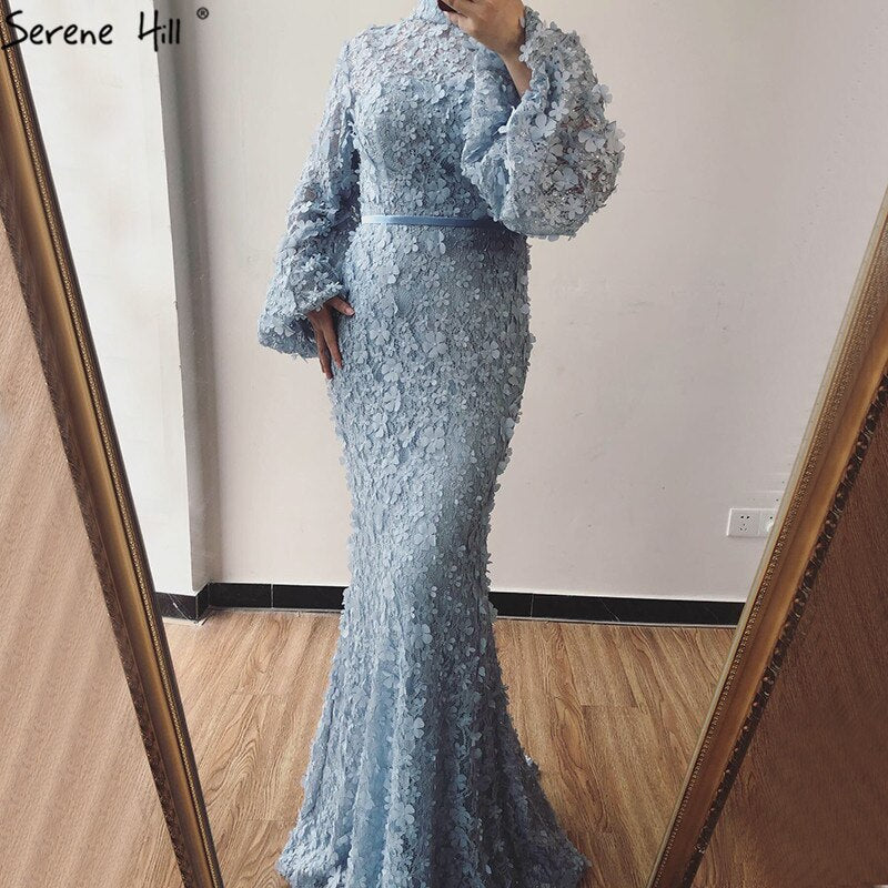 Vestidos de noche de sirena con mangas largas y flores y perlas, moda musulmana, elegante vestido formal, talla grande 2025, LA6293 