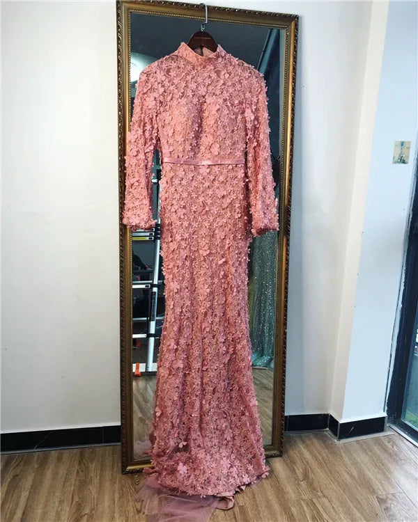 Flowers Pearls Long Sleeves Mermaid Evening Dresses Muslim Fashion Elegant  Formal Dress 2025 Plus Size LA6293