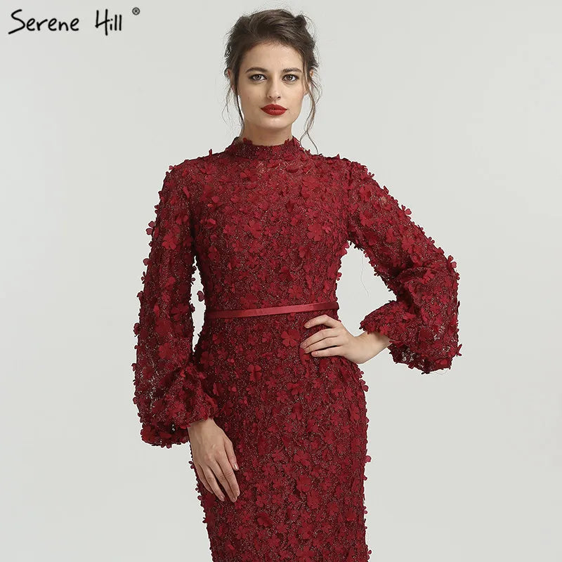 Blumen Perlen Langen Ärmeln Meerjungfrau Abendkleider Muslimischen Mode Elegante Formale Kleid 2025 Plus Größe LA6293 