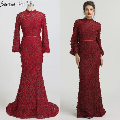 Blumen Perlen Langen Ärmeln Meerjungfrau Abendkleider Muslimischen Mode Elegante Formale Kleid 2025 Plus Größe LA6293 