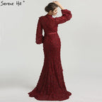 Flowers Pearls Long Sleeves Mermaid Evening Dresses Muslim Fashion Elegant  Formal Dress 2025 Plus Size LA6293