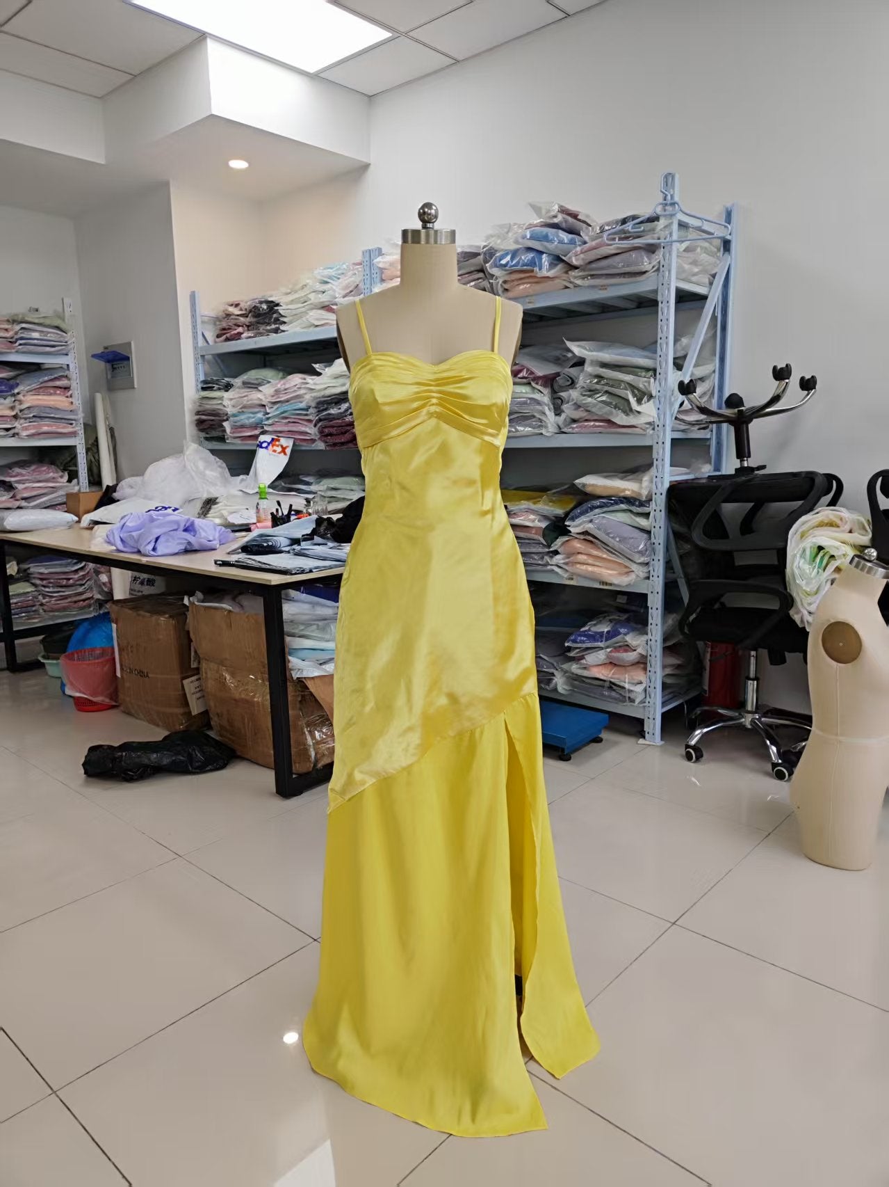 Spaghetti Strap Satin Prom Dresses Long A Line Pleated Corset Bridesmaid Formal Dress with Slit