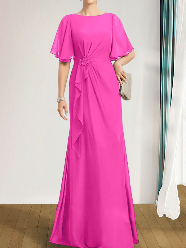 Vestido de gasa para madre de la novia, corte A, escote redondo, largo hasta el suelo, con volantes en cascada, cuentas y lentejuelas