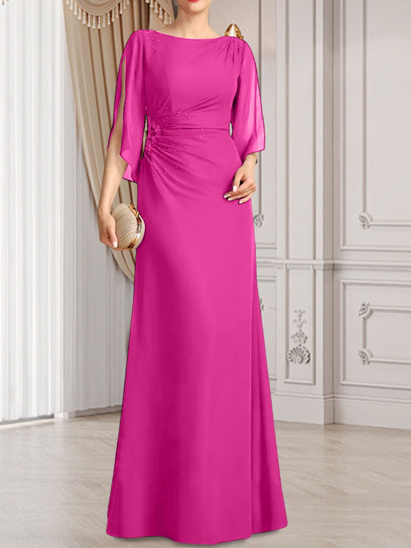 Vestido de gasa para madre de la novia con corte tubo/columna, escote redondo y largo hasta el suelo, con cuentas plisadas