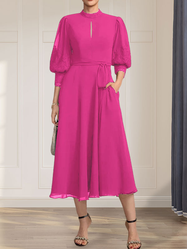 A-Linien-Kleid mit hohem Halsausschnitt und bodenlangem Spitzenchiffonkleid mit Schleife