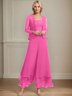 Vestido de madre de la novia de gasa con encaje y lentejuelas, largo hasta los tobillos, con mono/pantalón separado
