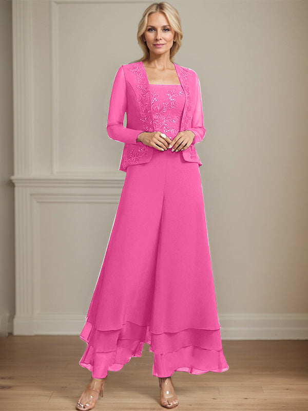 Separates Jumpsuit/Hosenanzug Quadratisches Knöchellanges Spitzenchiffonkleid für die Brautmutter mit Pailletten 