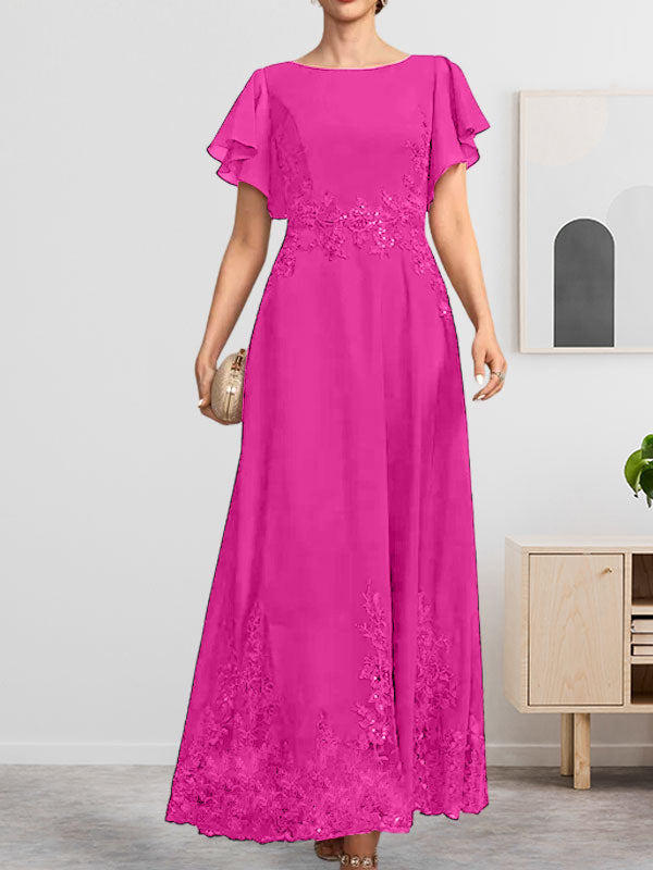 A-Linie U-Ausschnitt Knöchellang Spitzen-Chiffon-Kleid für die Brautmutter mit Pailletten