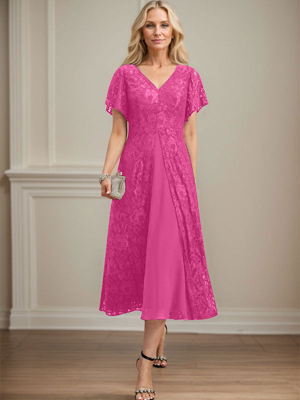 Vestido de gasa con encaje y escote en V para madre de la novia, largo hasta la rodilla