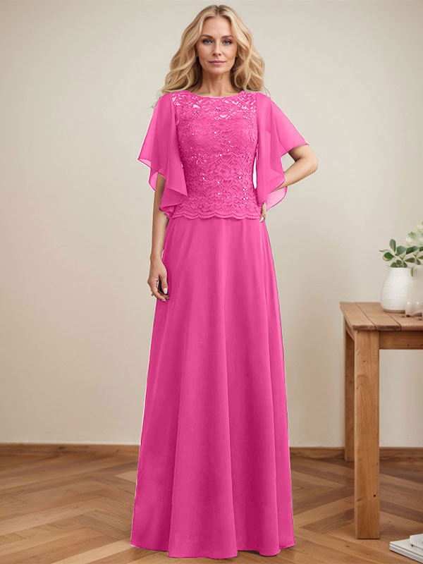 Vestido de gasa con encaje y lentejuelas para madre de la novia, corte A, escote ilusión, largo hasta el suelo