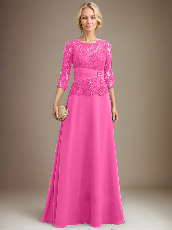 Vestido de gasa con encaje, corte A, ilusión, largo hasta el suelo, para madre de la novia, con lentejuelas plisadas y abalorios