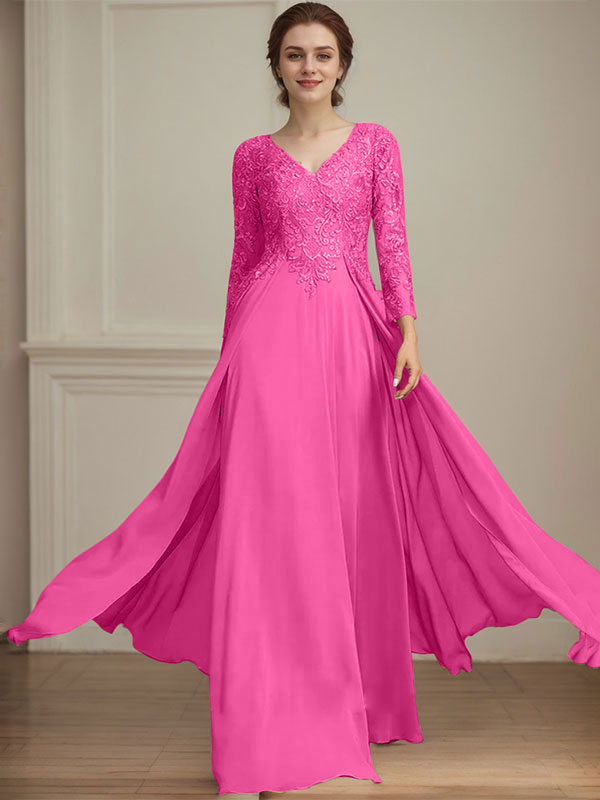 Vestido de madre de la novia de gasa con encaje, escote en V y lentejuelas, largo hasta el suelo