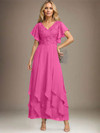 Vestido de gasa con encaje y escote en V hasta los tobillos para madre de la novia con volantes en cascada