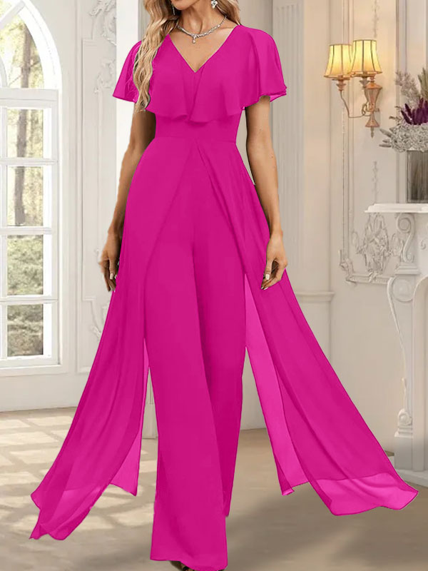 Vestido de noche de gasa con escote en V y largo hasta el suelo, tipo mono/pantalón