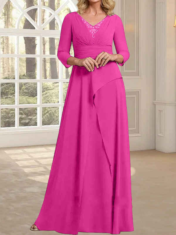 Vestido de gasa para madre de la novia con escote en V, largo hasta el suelo, con pliegues y cuentas