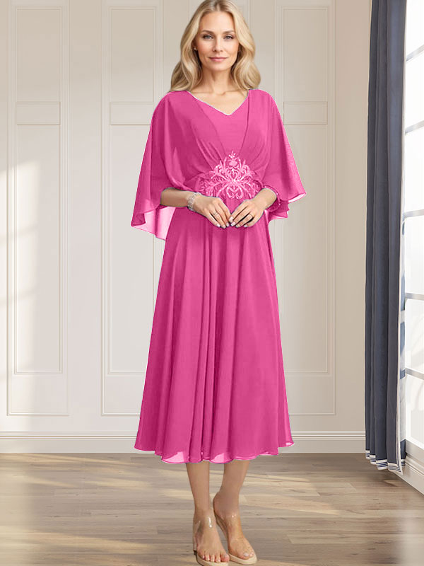 A-Linie V-Ausschnitt Wadenlanges Chiffonkleid für die Brautmutter mit plissierten Paillettenapplikationen Spitzenbesatz 