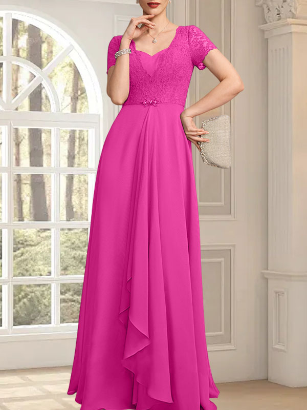 Vestido de madre de la novia de gasa con encaje, corte en A, escote corazón, largo hasta el suelo, con volantes en cascada y cuentas
