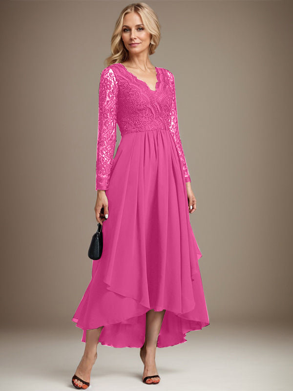 Vestido de madre de la novia de gasa con encaje asimétrico, escote en V y corte A