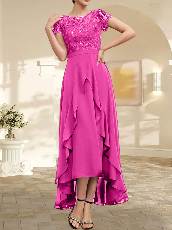 Vestido de madre de la novia de gasa asimétrica con escote en A, ilusión, encaje, lazo, volante y lentejuelas