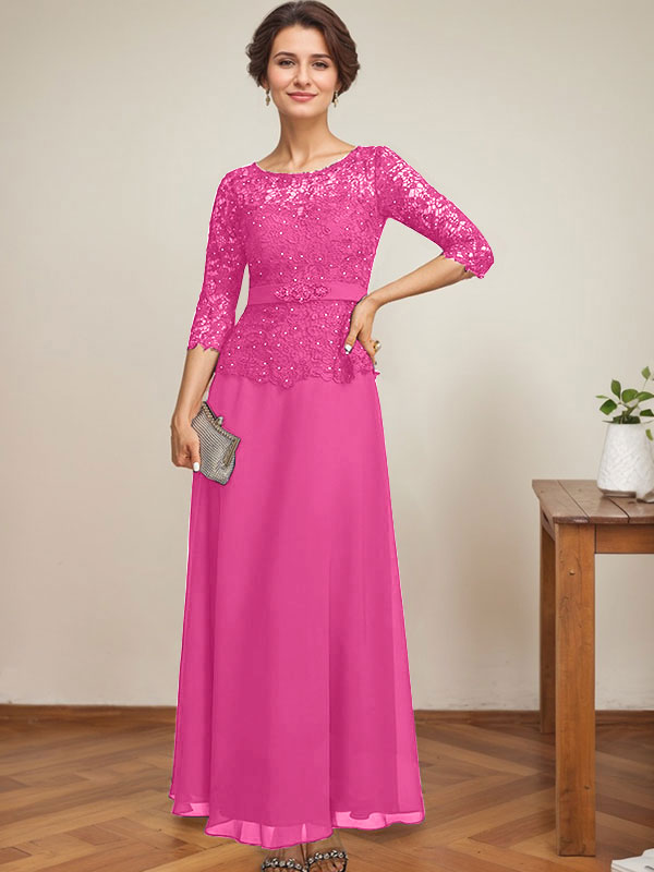 Vestido de gasa con encaje y escote en A, ilusión, largo hasta los tobillos, para madre de la novia con cuentas de diamantes de imitación