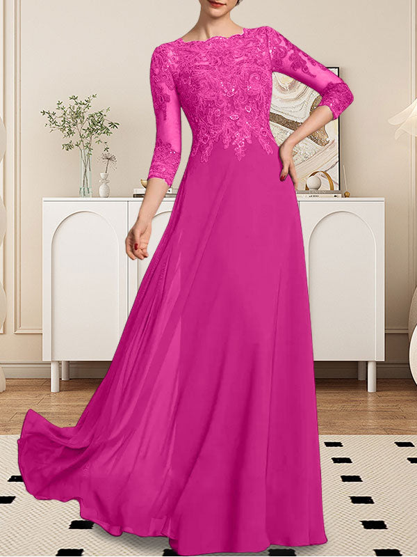Vestido de gasa con encaje y lentejuelas para madre de la novia, corte A, largo hasta el suelo
