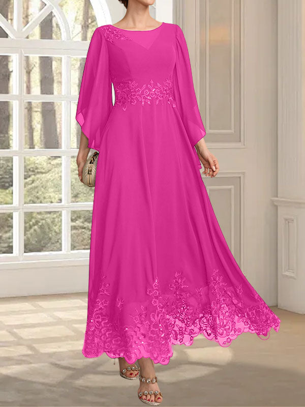 Vestido de gasa con encaje y lentejuelas para madre de la novia, corte A, escote ilusión, largo hasta los tobillos
