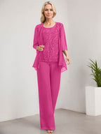 Vestido de madre de la novia de gasa con encaje, largo hasta el suelo, con lentejuelas y mono/pantalón separado