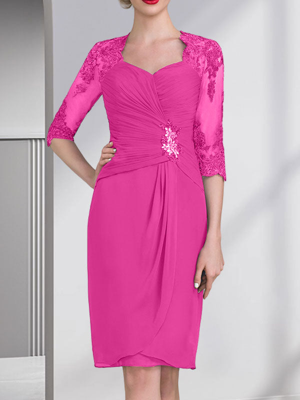 Vestido de gasa para madre de la novia con escote corazón, largo hasta la rodilla, con apliques de cuentas, encaje y lentejuelas plisado.