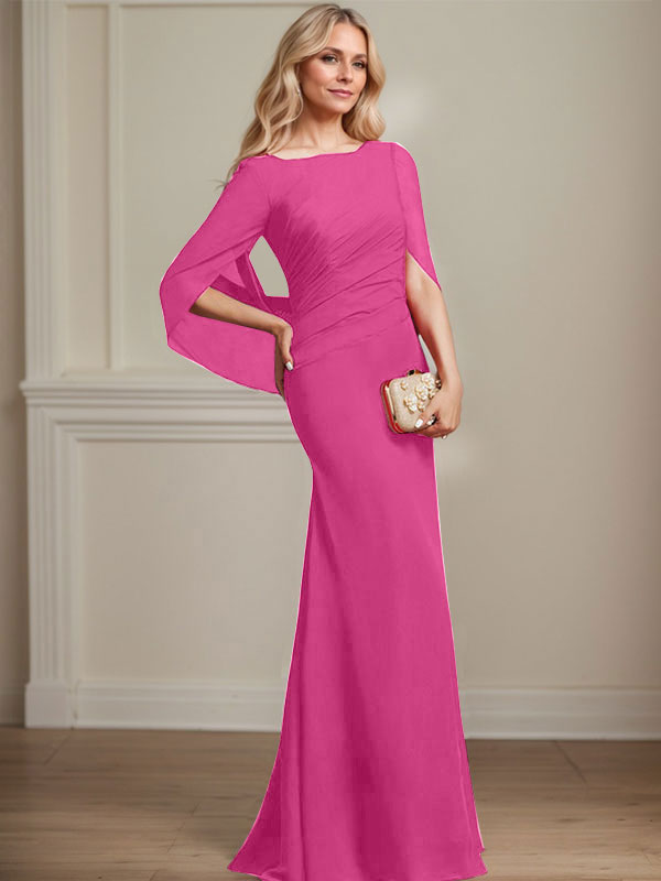 Vestido de madre de la novia de gasa con escote barco, corte trompeta/sirena, largo hasta el suelo, con pliegues