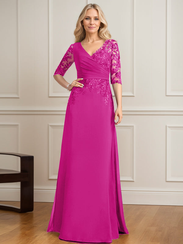 Vestido de madre de la novia de gasa con encaje, escote en V y lentejuelas plisadas hasta el suelo